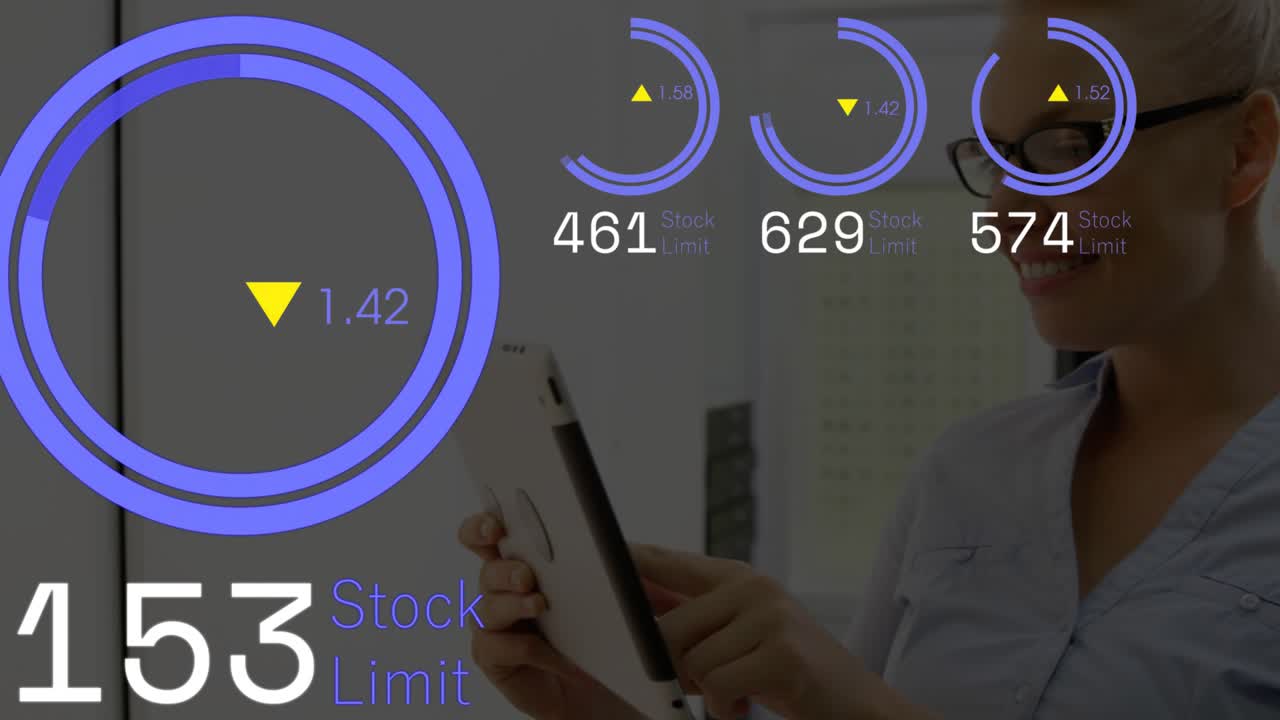 태블릿을 들고 두드리는 여성 분석가가 애니메이션 계기판을 시작하여 재고 한도를 채우고 업데이트해요.