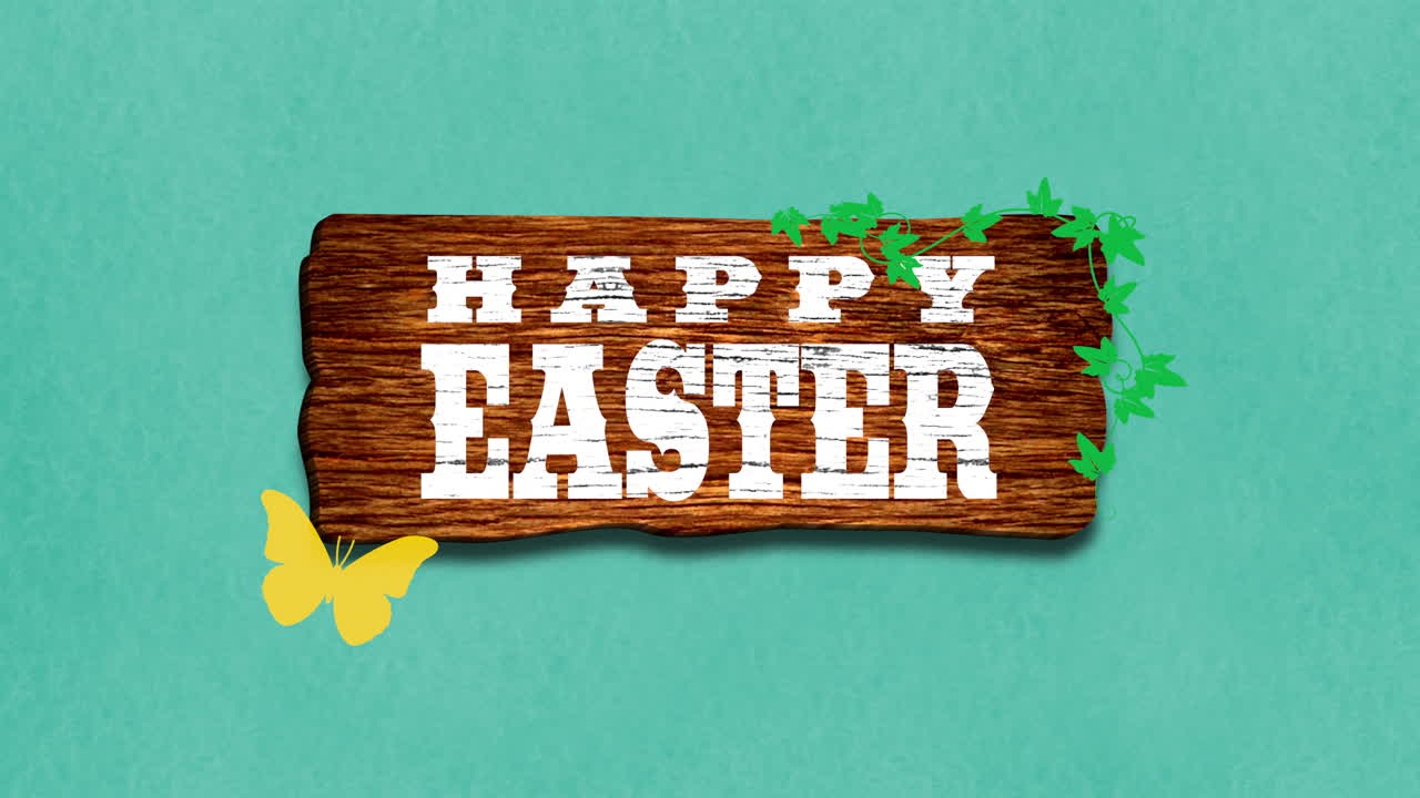 Buona Pasqua con foglie verdi e farfalla su legno