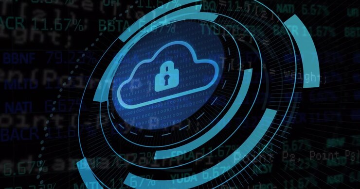 Digital Cloud Security Icon with Rotating Data Interface