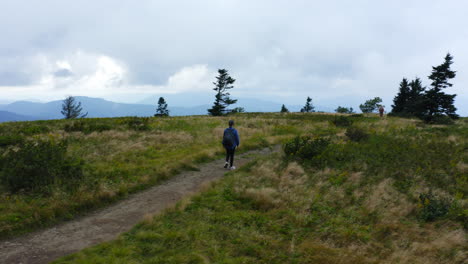 Drone-Landscape-Following-Shot-of-Woman-Hiking-in-Tennessee-Mountains-on-Cloudy-Overcast-Day