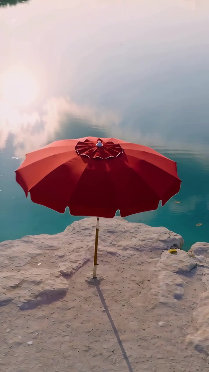 Video verticale: Telecamera in movimento che si avvicina a un ombrellone rosso su una roccia del lago, rivelando i riflessi del sole.