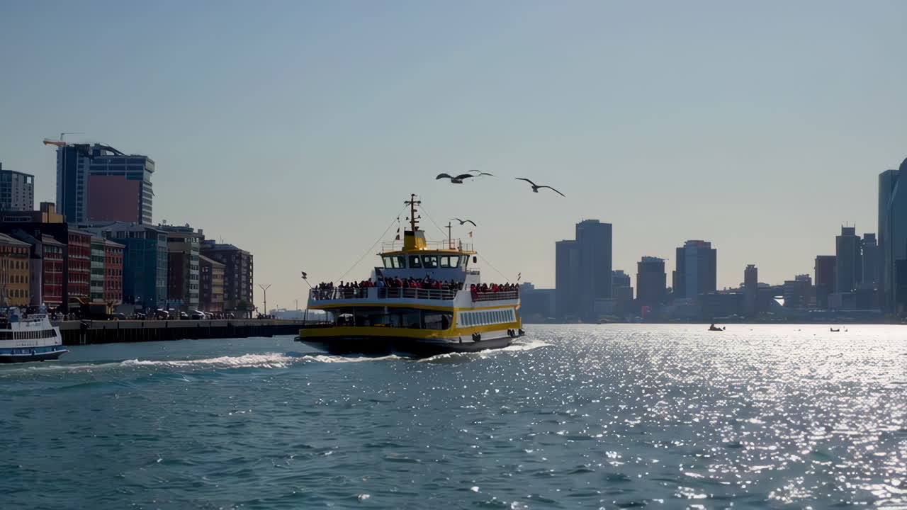 Ferry Traveling Through Urban Port City