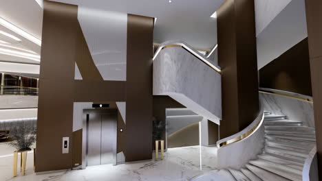 luxurious modern lobby with grand marble staircase and elevator