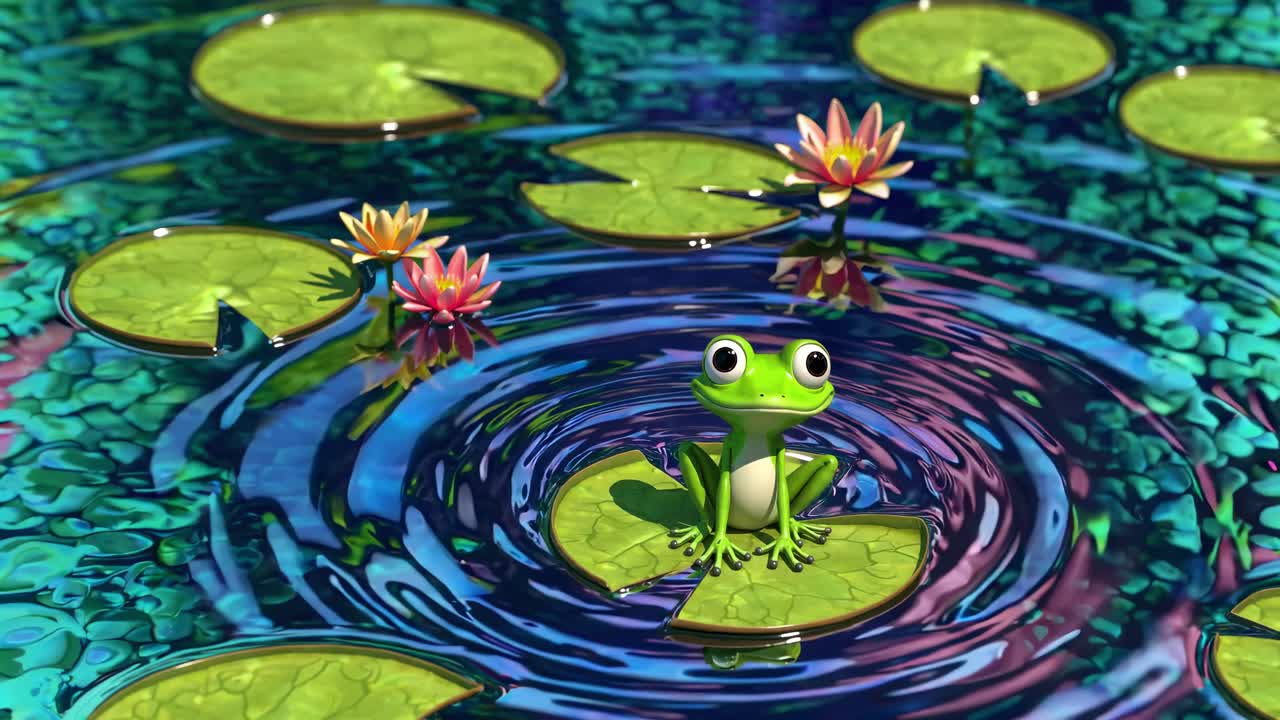 A whimsical animated video scene with a frog on a lily pad, surrounded by water lilies