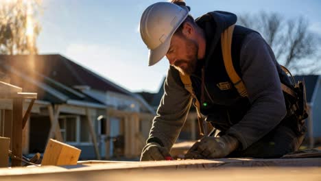 A construction worker in a hard hat focuses on a task at a building site