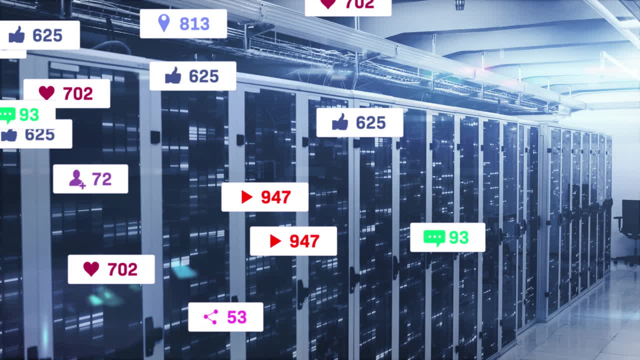 디지털 아이콘의 애니메이션과 컴퓨터 서버를 통한 데이터 처리