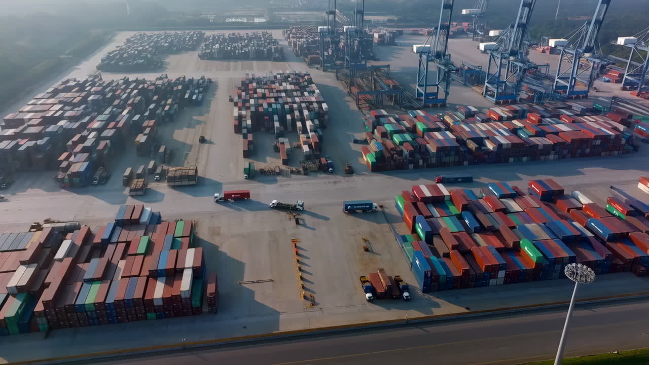 Aerial view of a bustling container terminal at a shipping port with numerous cargo containers and cranes. A few trucks are seen transporting containers. A large industrial scene with a focus on global trade and logistics