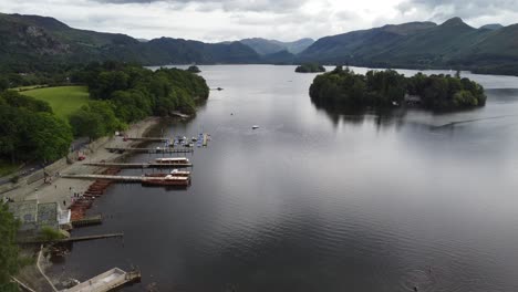 Jetties-for-hire-boats-Keswick-Water-Lake-District-Cumbria-UK-Summer-aerial-footage
