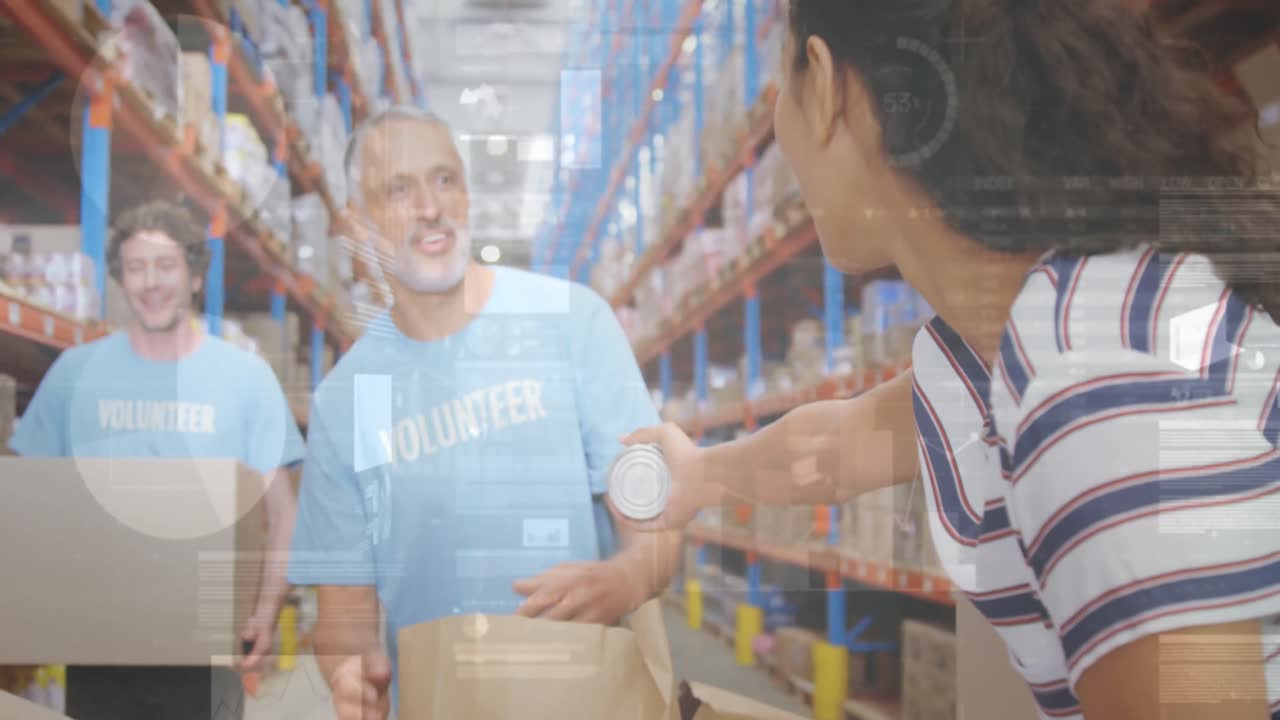 Statistical data processing against woman donating a can to male volunteer at warehouse