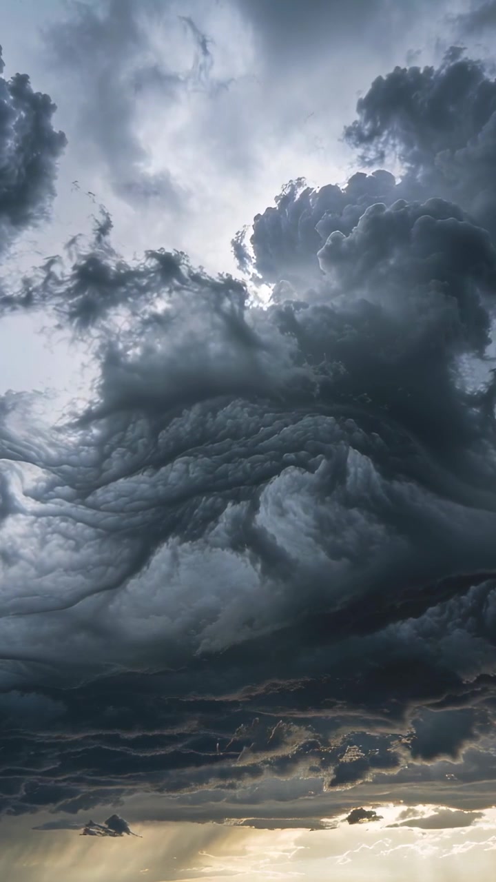 Vertical video: Breaking sun urging storm cloud shifting over distant horizon, showing light shafts