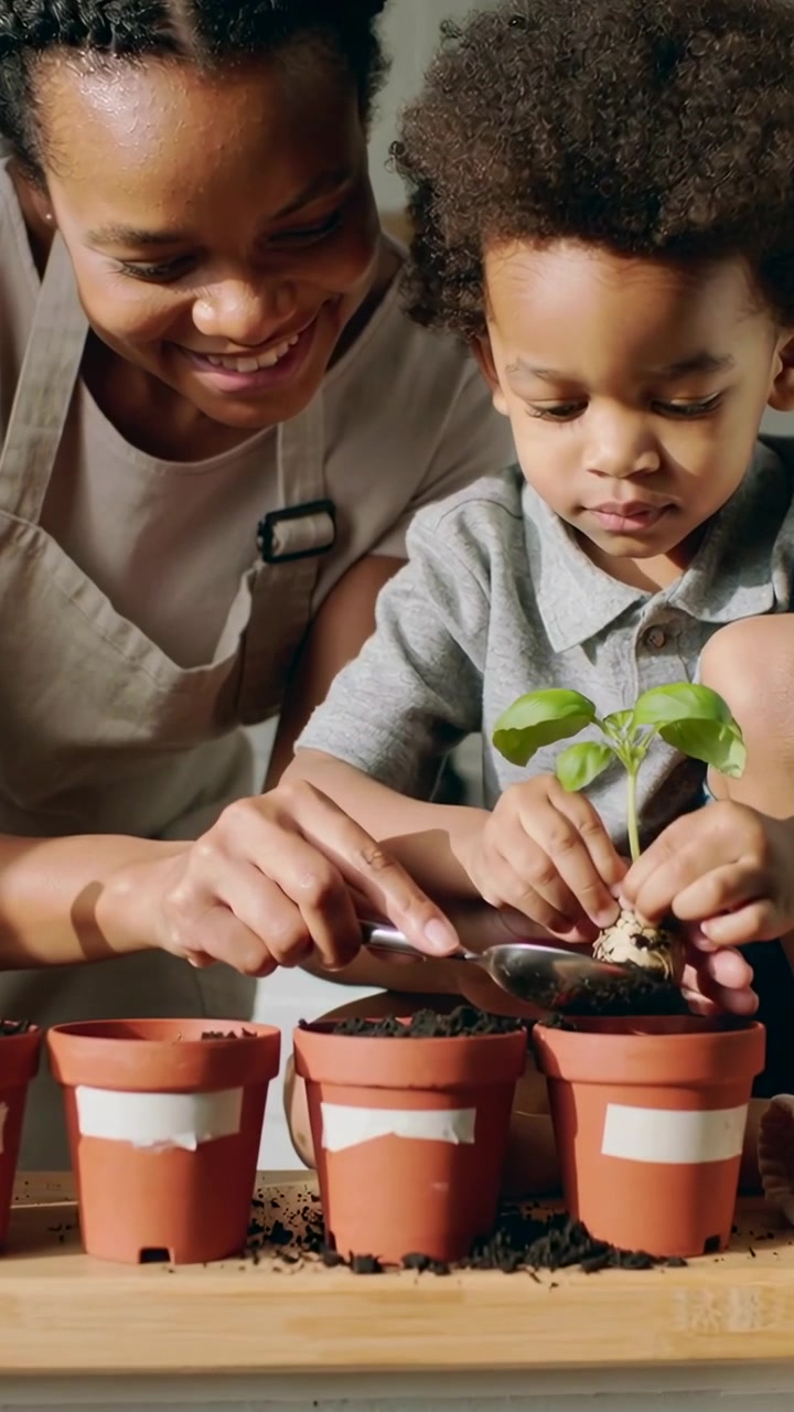 Vertical video: Smiling mother wearing apron teaching boy potting seedlings into clay pots at home