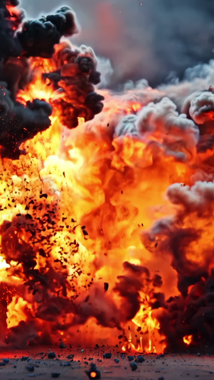 A large explosion is depicted in the image, with a lot of smoke and debris flying everywhere. The scene is intense and chaotic, with the explosion causing destruction and chaos in its wake