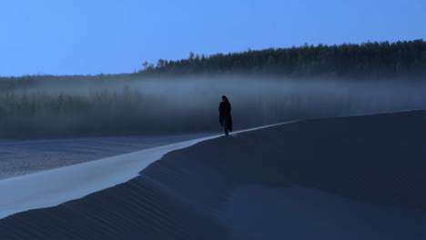 solitary figure on a sand dune with misty forest