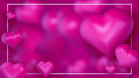 pink romantic animation of 3d hearts with a rectangular frame. festive looped love motion graphics. copy space.
