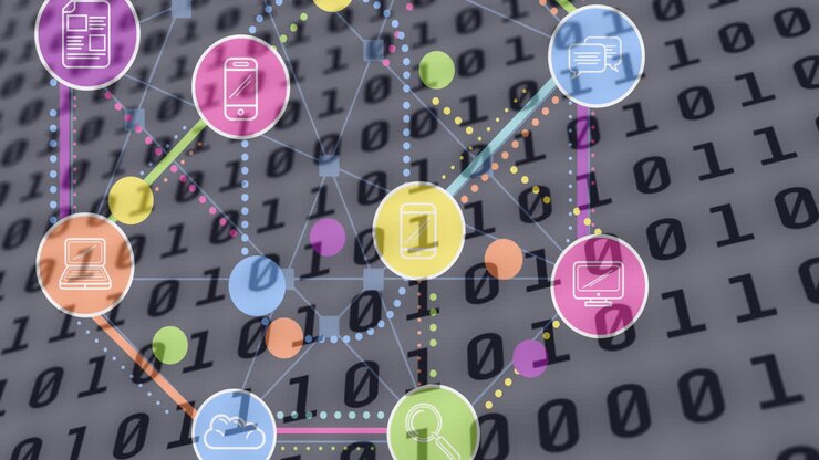 Animation of network of digital icons over binary coding on grey background