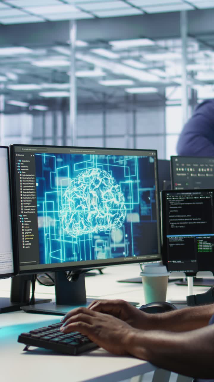 Vertical video Machine learning expert in AI server room developing disaster recovery plans