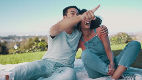 love, picnic and pointing with couple in nature