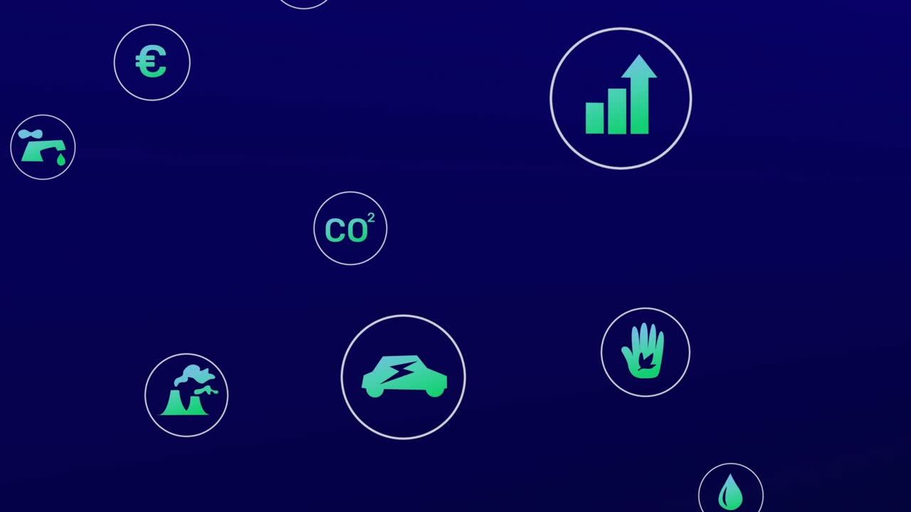 Dashboard opening with chart fading icons driving orbiting globe then clustering showing eco trends