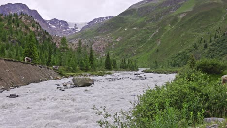 Scenic-landscape-with-a-fast-mountain-glacier-river-flowing-between-rocky-stones,-Amazing-Natural-Landmark,-Kaunertall,-Tirol