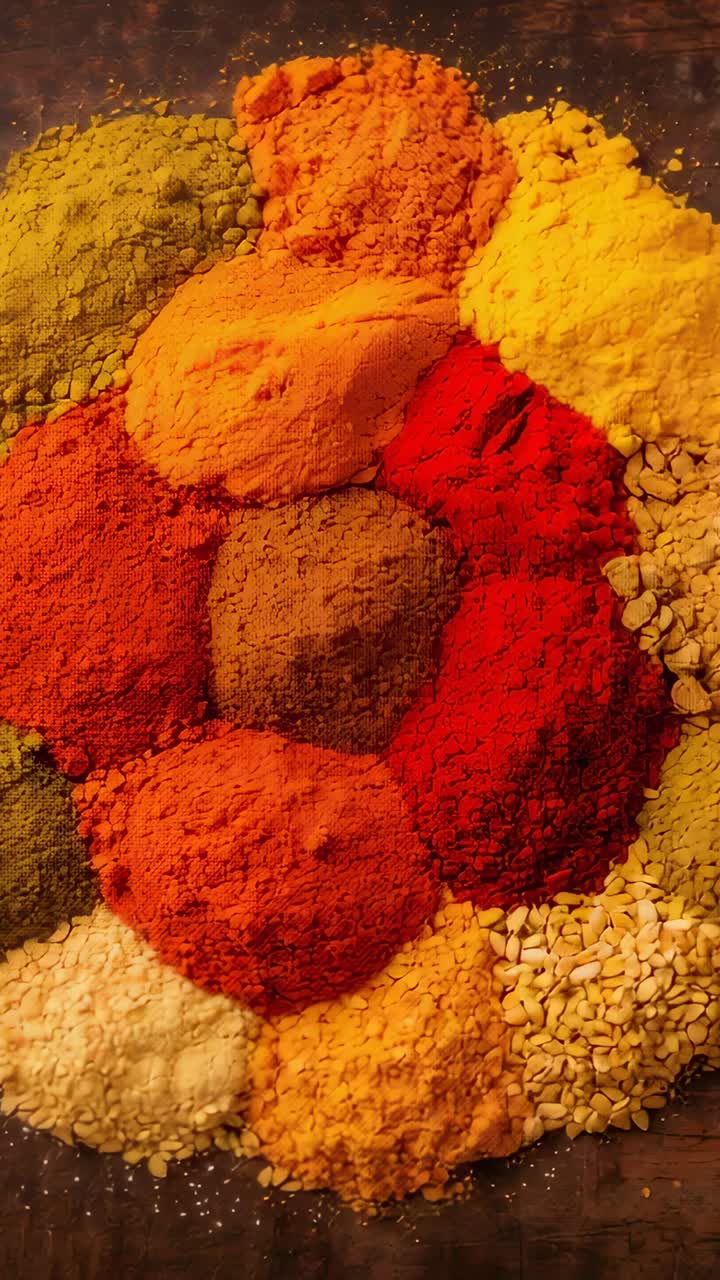 Vertical video: Zooming camera pulling spices closer on dark wood board, showing texture and seeds