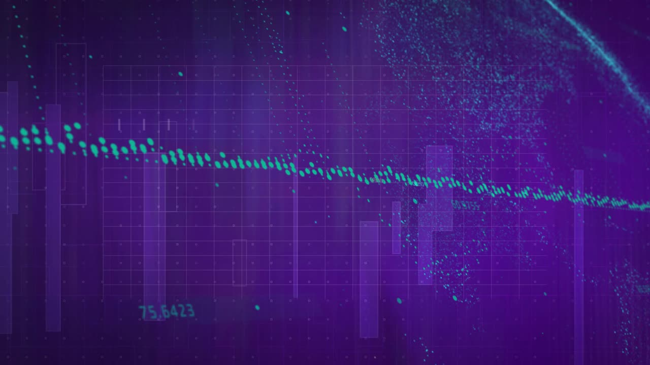 Incoming turquoise dotted trail entering upper-left, pulsing and aligning to visualize data surge