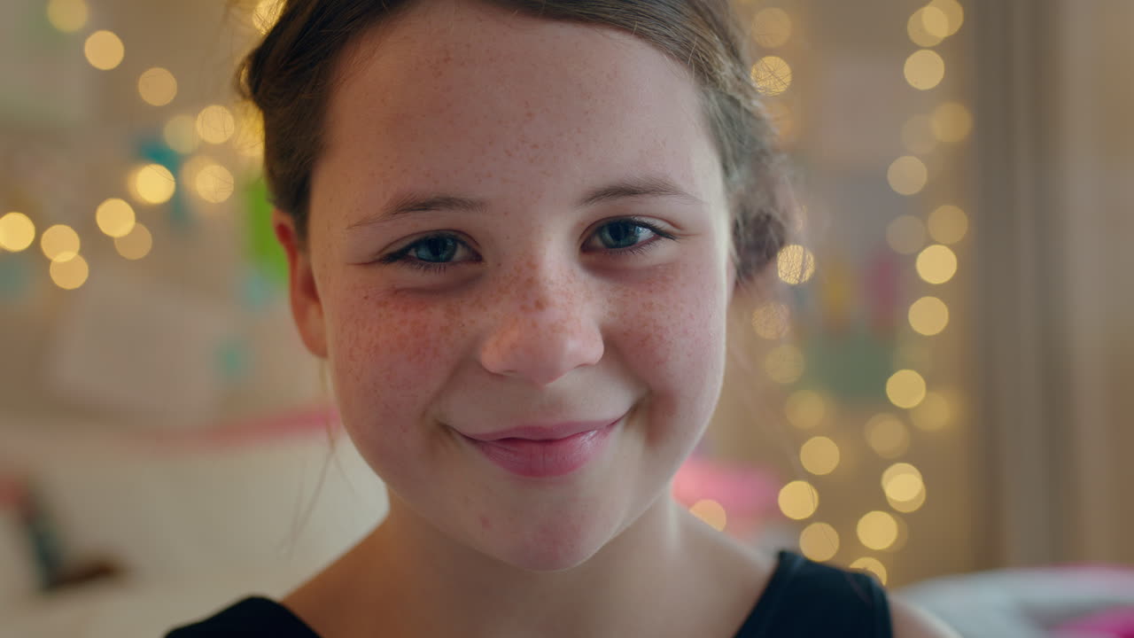 retrato de una niña hermosa con pecas riendo feliz mirando la cámara concepto de la infancia