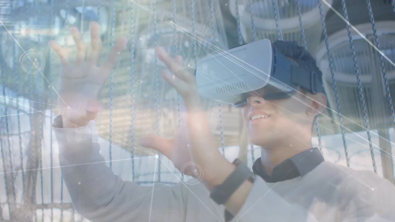 연결 네트워크의 애니메이션과 vr 헤드 ⁇ 을 착용하는 사업가에 대한 통계