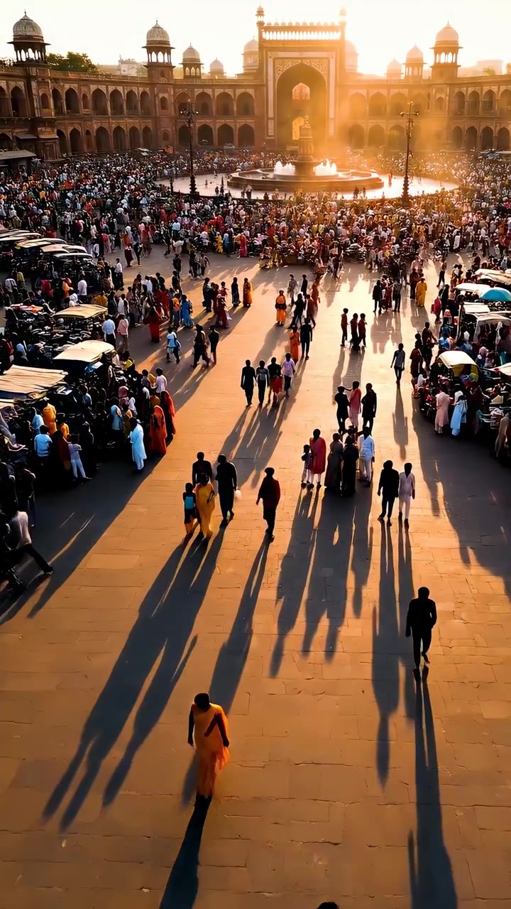 Folla che cammina nel cortile della Jama Masjid al tramonto