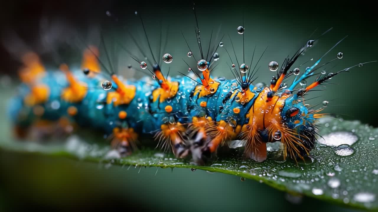 A Vibrant Close-up of a Blue and Orange Caterpillar Adorned with Water Droplets, Showcasing Nature's Intricate Design and Colorful Beauty in Macro Photography