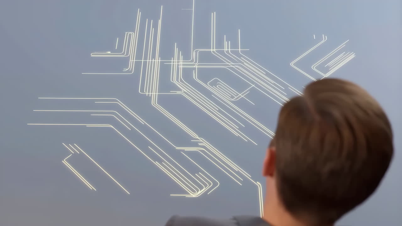 Man looking at a futuristic glowing circuit or data network