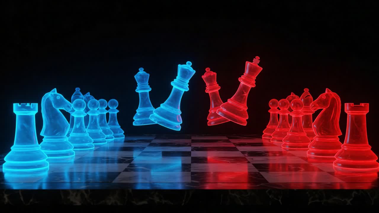 A Stunning Visualization of a Chess Game in Progress, Highlighting the Tactical Moves and Strategies as Blue and Red Pieces Engage on a Classic Checkered Board