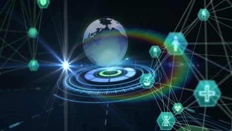 globe of network of connections against scope over spinning globe