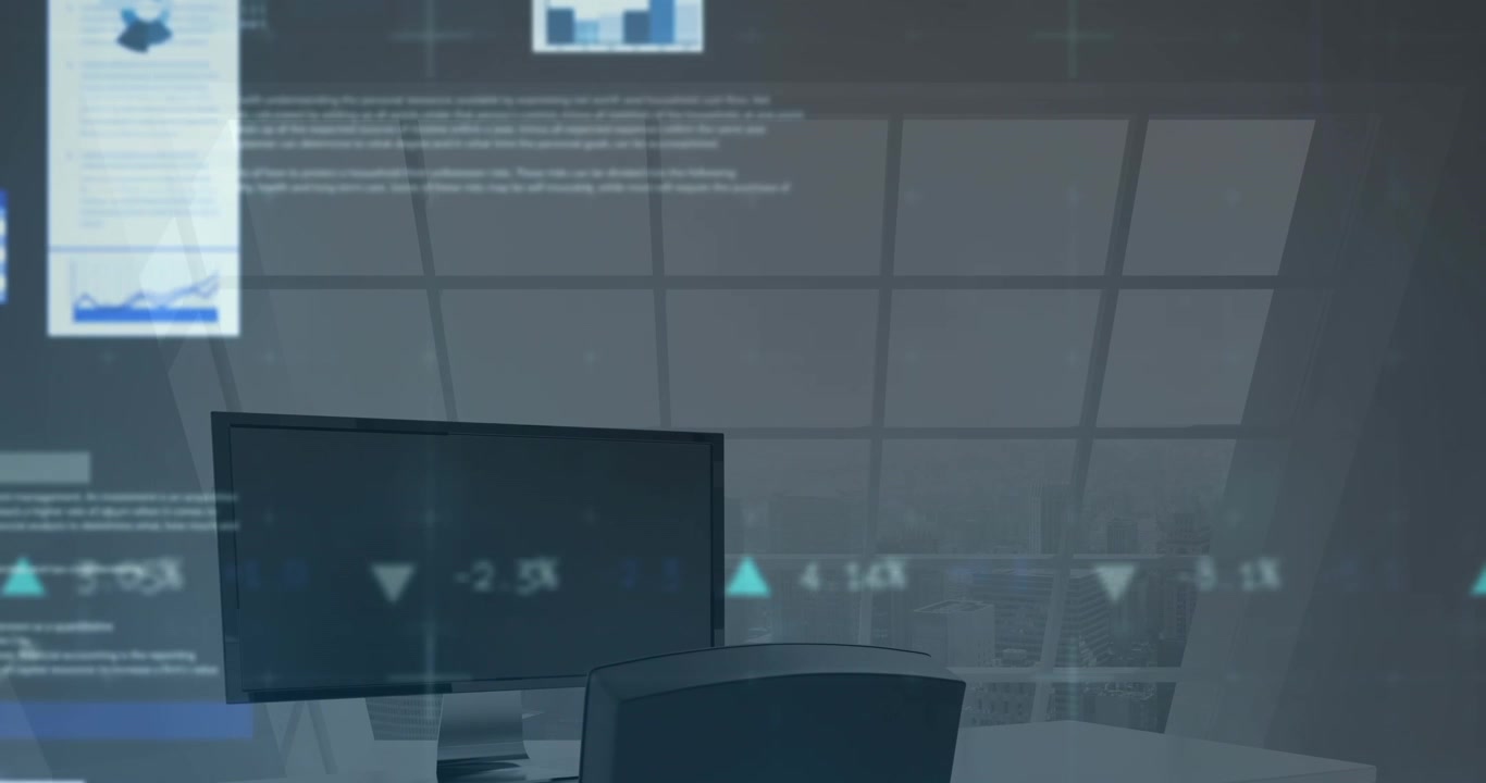 Empty Office Desk with Computer Monitor and Digital Financial Data Overlay