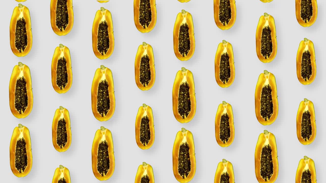 patrón de frutas coloridas de frescos de papaya. vista superior. concepto de verano de frutas tropicales mínimas. patrón sin costuras con papaya. diseño de arte pop. animación realista. movimiento de video 4k