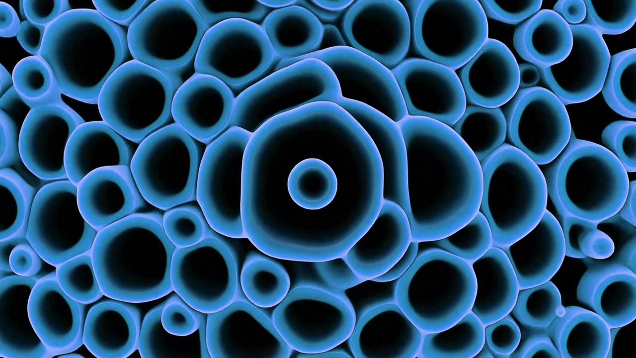 Animazione astratta di cellule biologiche blu luminose