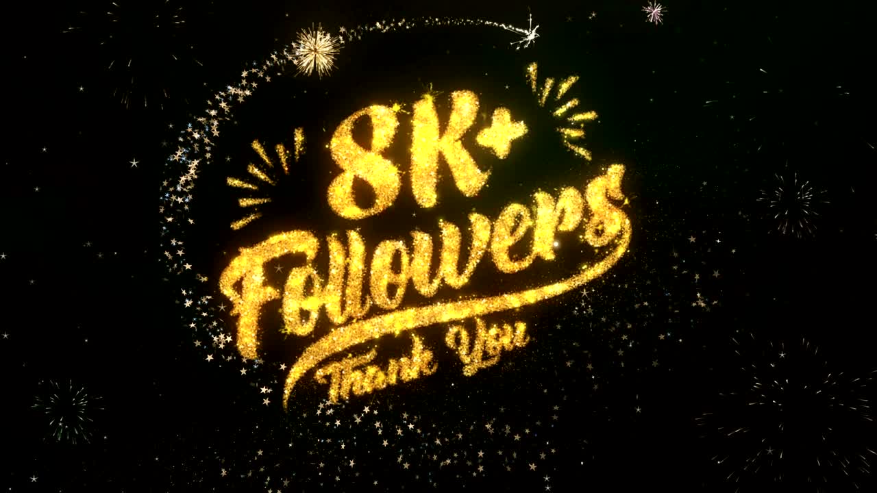 8k 추종자 인사 및 희망 카드는 반이는 입자 및 반이는 빛의 어두운 밤 하늘과 다채로운 불꽃놀이 4k 배경으로 만들어졌습니다.