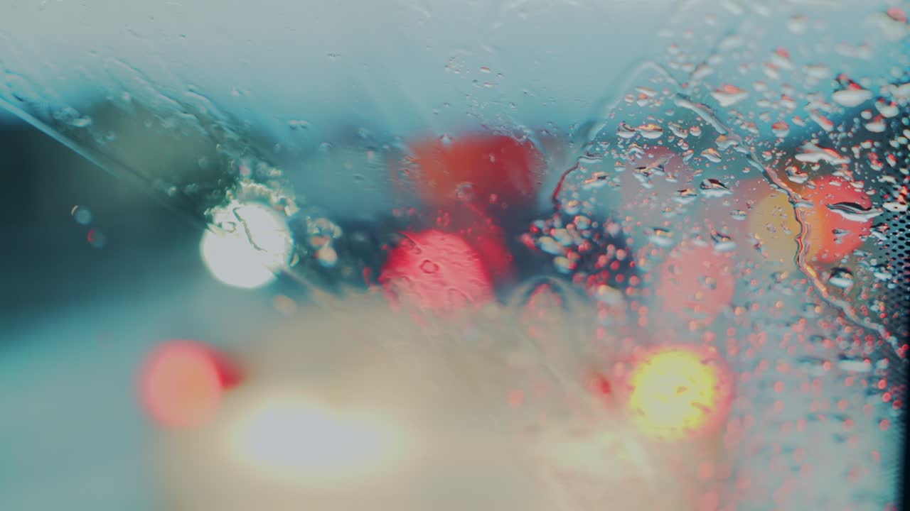 Rain drops over windshield. Abstract view of water drops through windscreen