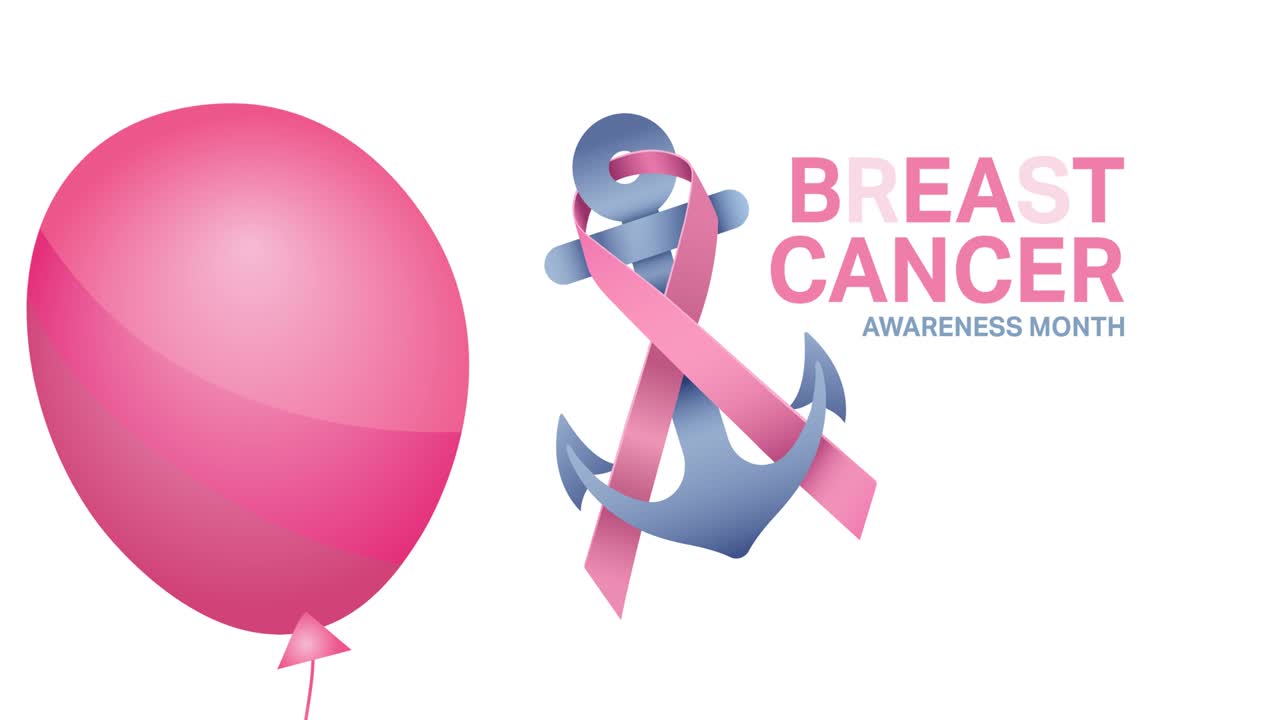 анимация летающего розового воздушного шара над розовой лентой с логотипом якоря и текстом рака молочной железы