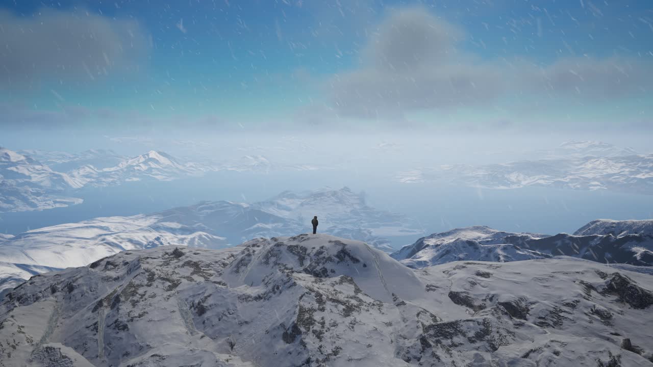 눈 인 산 꼭대기에 서 있는 사람. 추운 눈이 쌓인 풍경, 공중 풍경, 비현실적인 4k 스크린