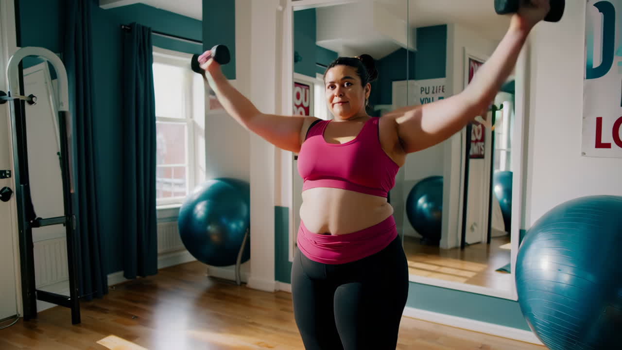 Donna curvy che si allena con manubri e palla da yoga in una palestra