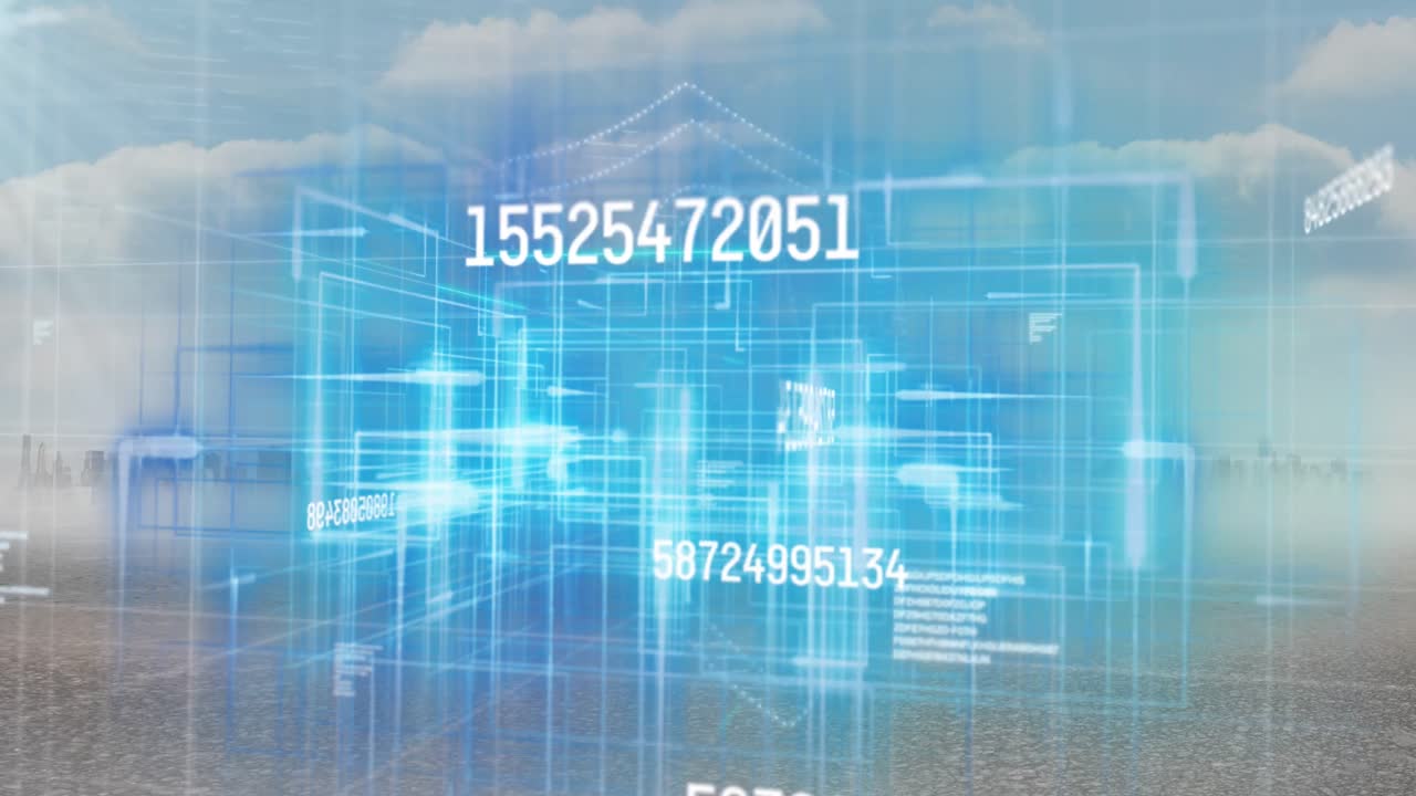 Animation of data processing over cityscape