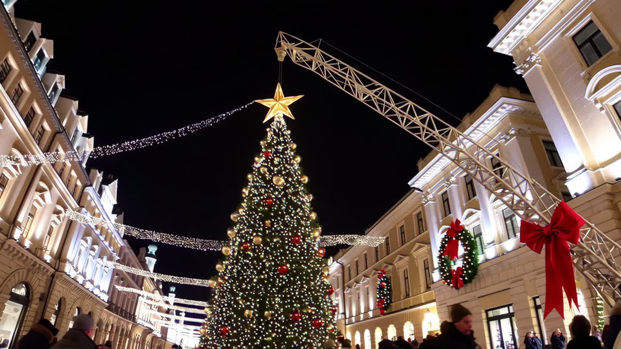 Christmas Tree Installation in City Street at Night