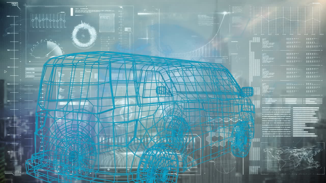 animación de automóviles digitales sobre el paisaje urbano y procesamiento de datos