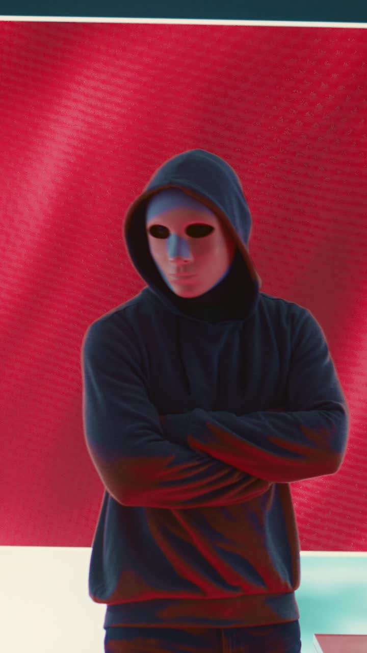 Mysterious Masked Hacker in Hoodie Against Red Digital Background