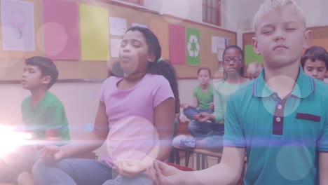 Animation-of-lights-over-diverse-pupils-practicing-yoga-at-school