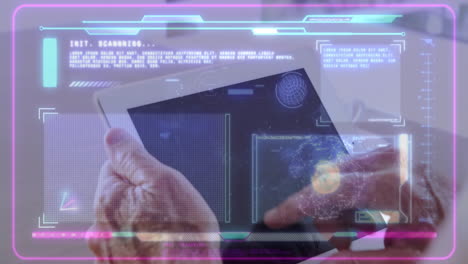 Senior hands tapping holographic tablet interface in close-up, displaying neon charts and globe