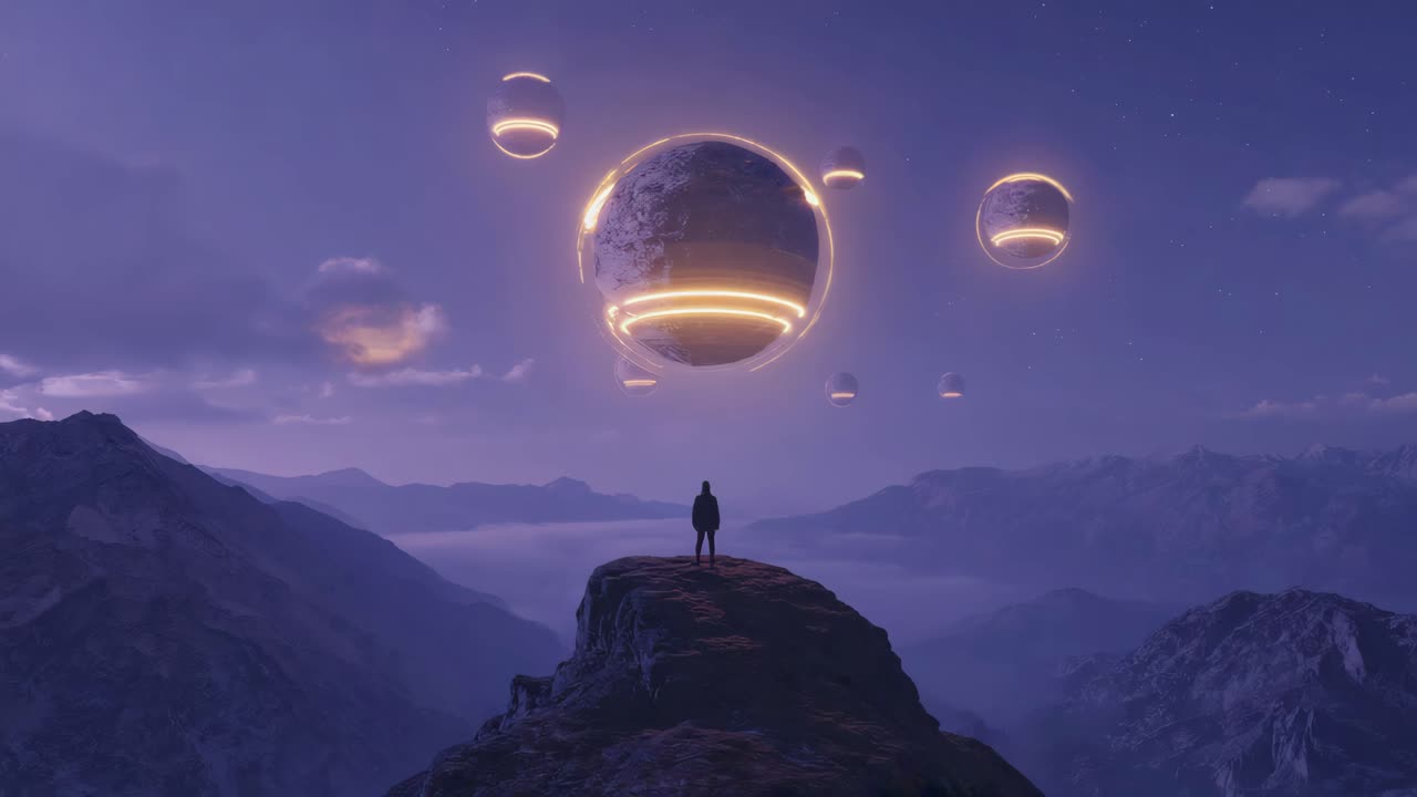 A person standing on a mountain looking at glowing planets in the night sky