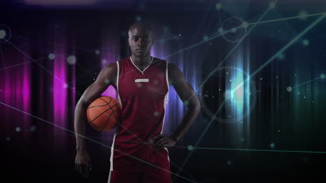 animación de un jugador de baloncesto sosteniendo la pelota sobre rastros de luz