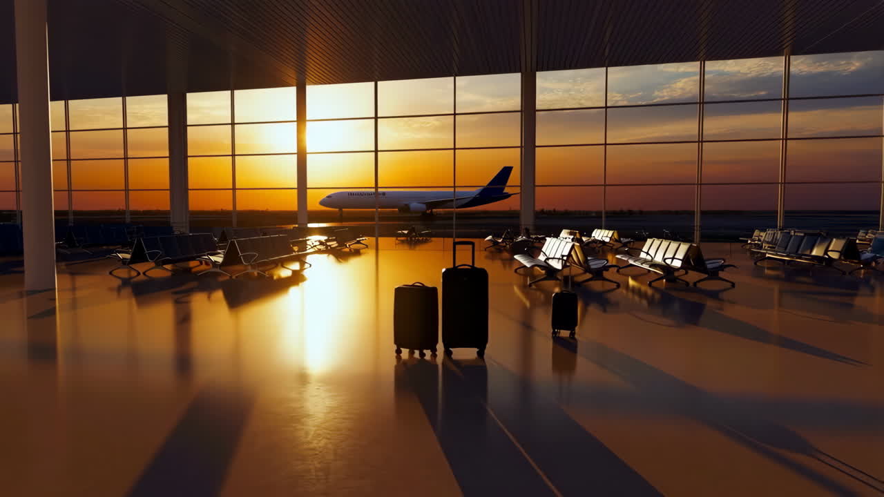 Sunset view from an empty airport terminal with luggage and an airplane outside