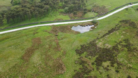 Eine-Phänomenale-Luftaufnahme-Von-Oben-Auf-Einer-Einsamen-Straße,-Die-Sich-Zwischen-Grünen,-Mit-Wald-Bedeckten-Hügeln-Und-Mit-Gras-Bewachsenen-Hügeln-Schlängelt